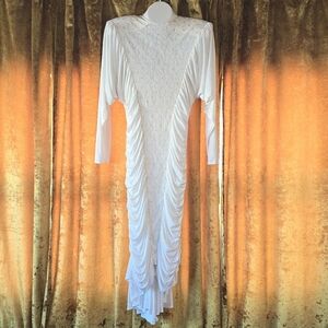 80s/90s Lace White Ruched Maxi Dress Gold Accents Size 10